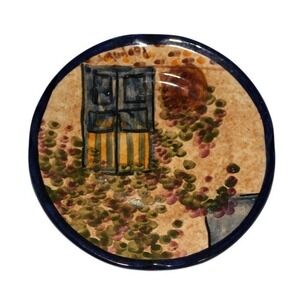 Unbranded Hand Painted Wall Plate Grapes & Window Scene Blue Rim Signed